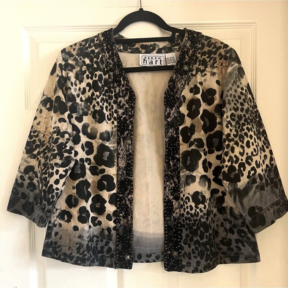 KEREN HART Vintage Animal Print Jacket S Denim Feel Beaded Kimono NWOT Cheetah